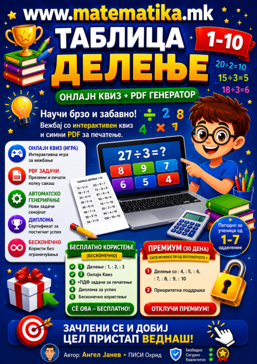Таблица делење 1-10 / Онлајн Квизови +ПДФ генератор