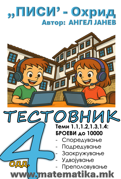 „ПИСИ“ Охрид  МАТЕМАТИКА-4одд. Работни листови: Збирка со тестовник: Теми:1.1, 1.2, 1.3, 1.4,1.5 Броеви до 10 000 Месни вредности, Подредување, Споредување, Заокружување, Удвојување, Преполовување (програма МОН), А4-ПДФ