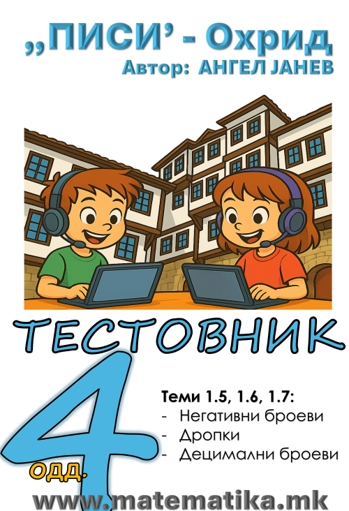 „ПИСИ“ Охрид  МАТЕМАТИКА-4одд. Работни листови: Збирка со тестовник: Тема-1.5 Негативни броеви /Тема 1.6 Дропки и мешани броеви /Тема 1.7 Децимални броеви (програма МОН), А4-ПДФ