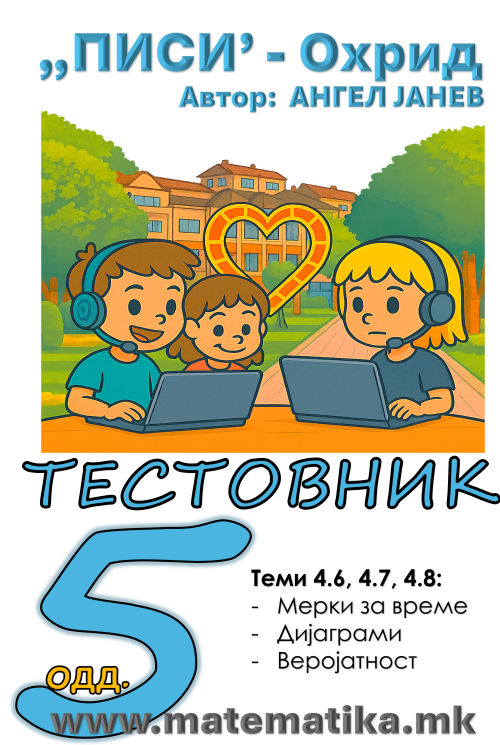 „ПИСИ“ Охрид  МАТЕМАТИКА-5одд. TЕСТОВНИК + Збирка / Тема 4.6 Мерки за време / Тема 4.7 Податоци и Дијаграми / Тема 4.8 Мода и Веројатност / Тримесечје - 4 (програма МОН) А4 - ПДФ