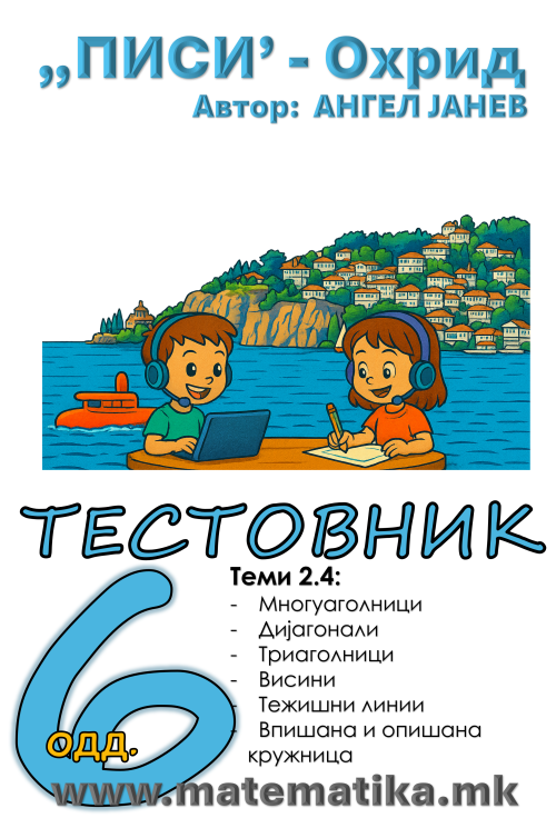 „ПИСИ“ Охрид МАТЕМАТИКА-6одд. Работни листови: Збирка со тестовник: Теми2.4 МНОГУАГОЛНИЦИ, Дијагонали, Триаголници, Впишана и Опишана кружница, Агли во триаголници (програма МОН), А4-ПДФ