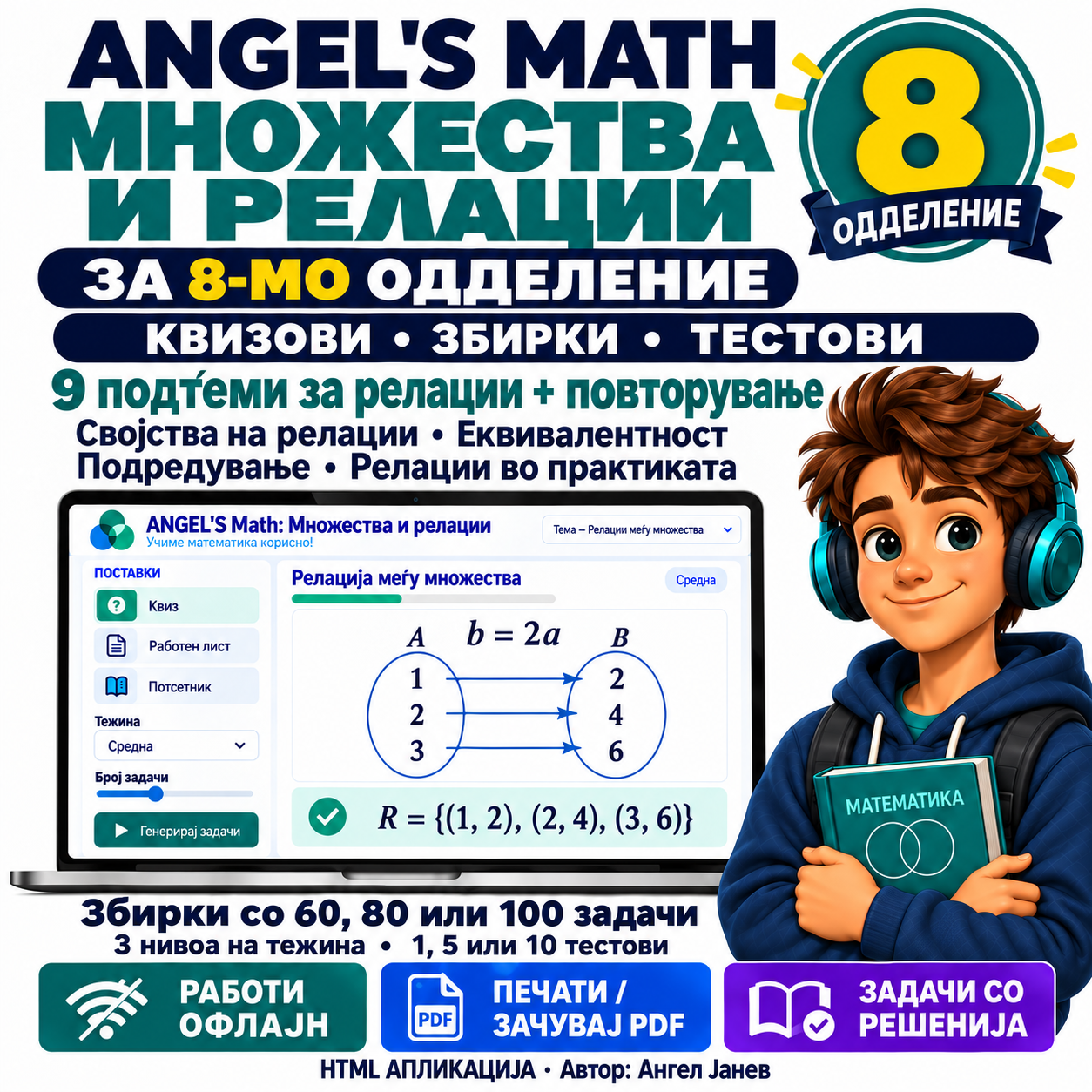 📘 ANGEL's MATH Офлајн апликација: 8одд. Тема1: Множества /ОФлајн апликација со ГЕНЕРАТОР на КВИЗОВИ и ТЕСТОВИ