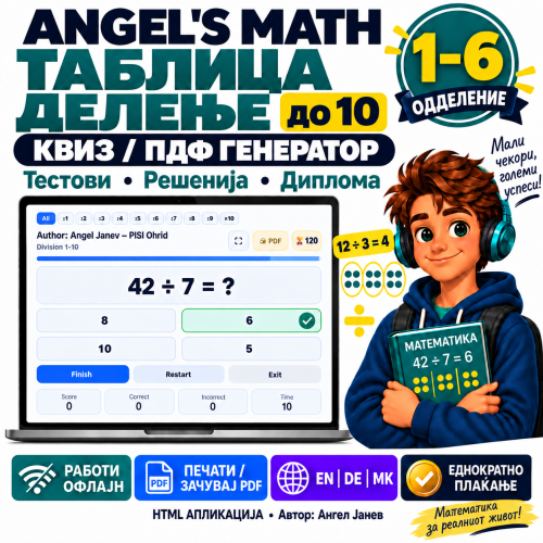 ANGEL's MATH: 1-6одд. Таблица за ДЕЛЕЊЕ до 10 /ОФлајн апликација со ГЕНЕРАТОР на КВИЗОВИ и ТЕСТОВИ