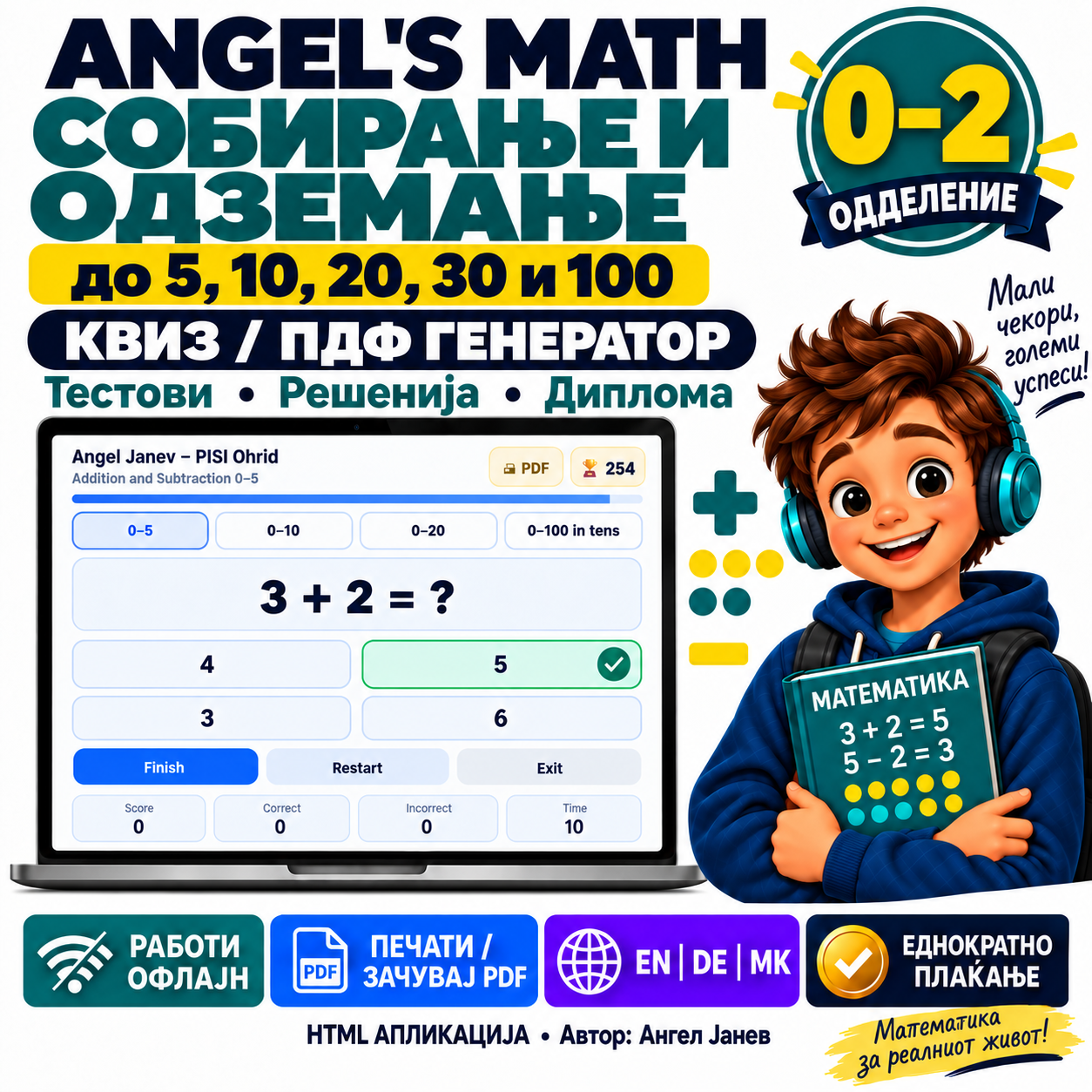 ANGEL's MATH: 0-2одд. Собирање и одземање: до 5, до 10, до 20, до 30, до 100 со полни десетки /ОФлајн апликација со ГЕНЕРАТОР на КВИЗОВИ и ТЕСТОВИ