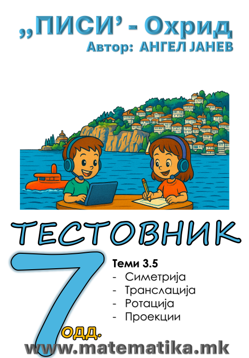 „ПИСИ“ Охрид МАТЕМАТИКА-7одд. ЗБИРКИ со ТЕСТОВНИЦИ: Тема-3.5 / Геометрија: Симетрија, Транслација, Ротација,  Проекции (програма МОН 2025), А4-ПДФ