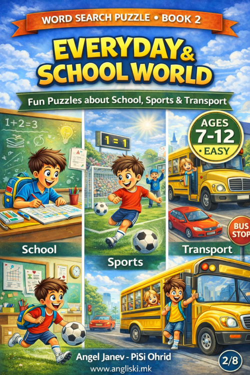 КРСТОЗБОРИ - EVERYDAY & SCHOOL WORLD – Word Search Puzzle (Book 2), ПДФ Ниво ЛЕСНО (easy) (за деца од 7-12 год.)