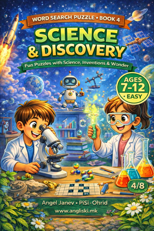 КРСТОЗБОРИ - SCIENCE & DISCOVERY Word Search Puzzle (Book 4), ПДФ Ниво ЛЕСНО (easy) (за деца од 7-12 год.)