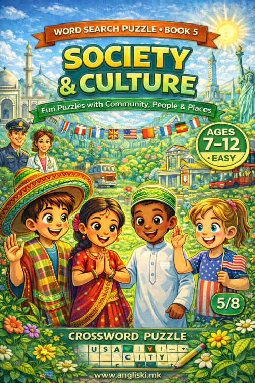 КРСТОЗБОРИ - SOCIETY & CULTURE Word Search Puzzle (Book 5), ПДФ Ниво ЛЕСНО (easy) (за деца од 7-12 год.)