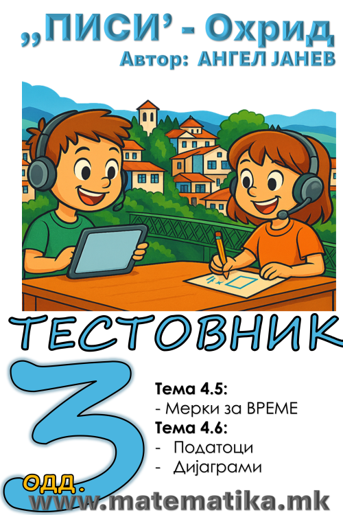 „ПИСИ“ Охрид МАТЕМАТИКА-3одд. Тестовник/Збирка/Работни листови: Темa 4.5 Време Тема 4.6 Податоци и дијаграми (програма МОН), А4-ПДФ